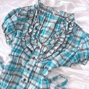 Max Rave Teal Plaid Ruffle V-Neck Puff Sleeve Blouse XL Cottagecore Waist Tie